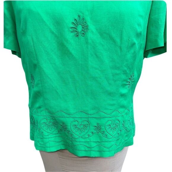Kelly Green Linen Blend V-Neck Sht Slv Top by Halmode Petites Vintage Sz. 12 - Picture 6 of 10